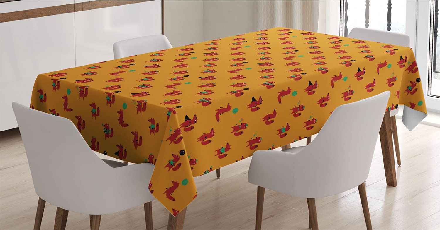 Ambesonne Fox Tablecloth - Funny Animal Doodle Pattern Rectangle Satin Table Cover for Dining Room & Kitchen (60