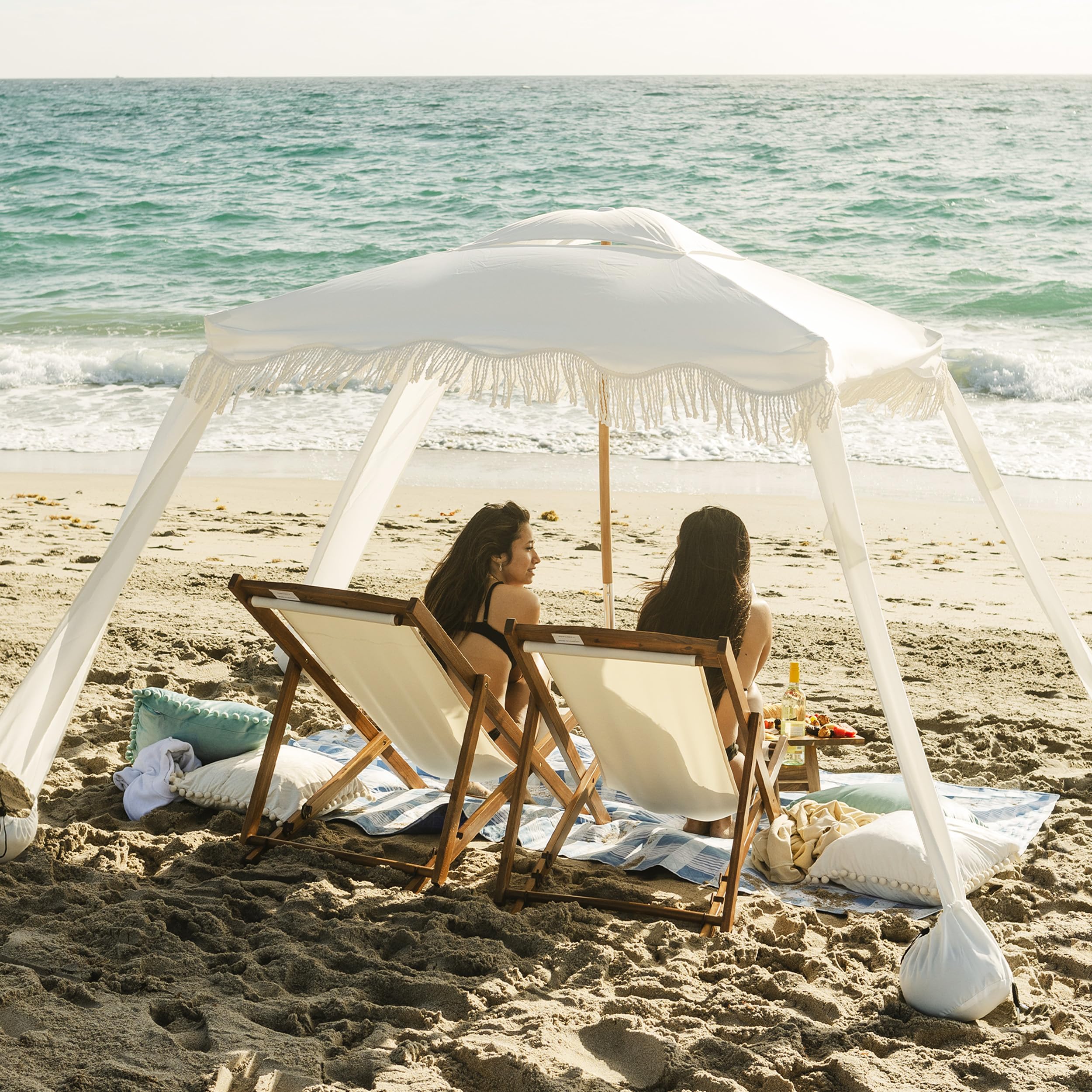 AMMSUN 6'×6' Boho Beach Cabana with Fringe & Tassels - Premium Wood Pole, Easy Setup Sun Shade Tent with Sand Pockets - Perfect for Beach, Poolside, Garden, Patio & Backyard Relaxation - Elegant White Canopy Shelter
