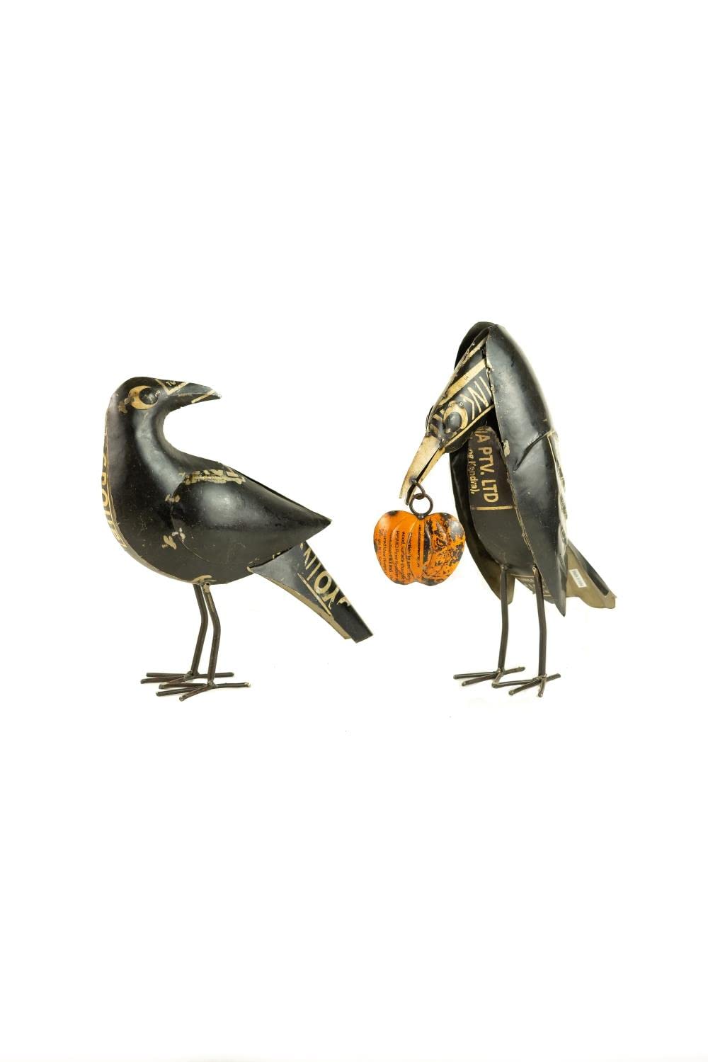 Set of 2 Rustic Recycled Iron Crow Statues Holding Pumpkins - NTM1285 - Perfect for Halloween Decor, Fall Porch Display & Gothic Home Accents