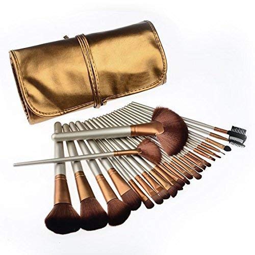 24Pcs Golden Professional Makeup Brush Set with Leather Case - Essential Cosmetic Tools for Makeup Artists & Beginners | Perfect for Daily Makeup, Contouring, Blending & Professional Makeup Application