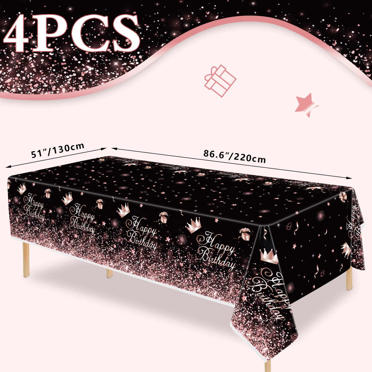 Black Rose Gold Plastic Tablecloth (Pack of 4) - 86 x 51 Inch Disposable Party Table Cover for Birthday, Wedding, Anniversary & Holiday Decorations - Elegant Black Rosegold Theme Party Supplies