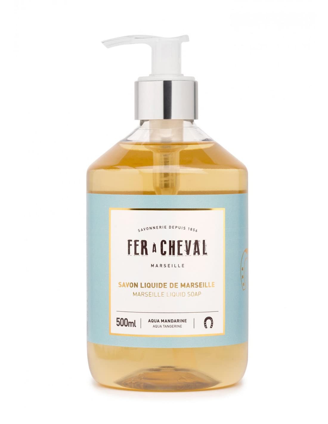 Fer a Cheval Marseille Liquid Soap - Aqua Tangerine Scent (500ml) | Natural Hand & Body Wash for Sensitive Skin | Perfect for Bathroom, Kitchen & Travel Use