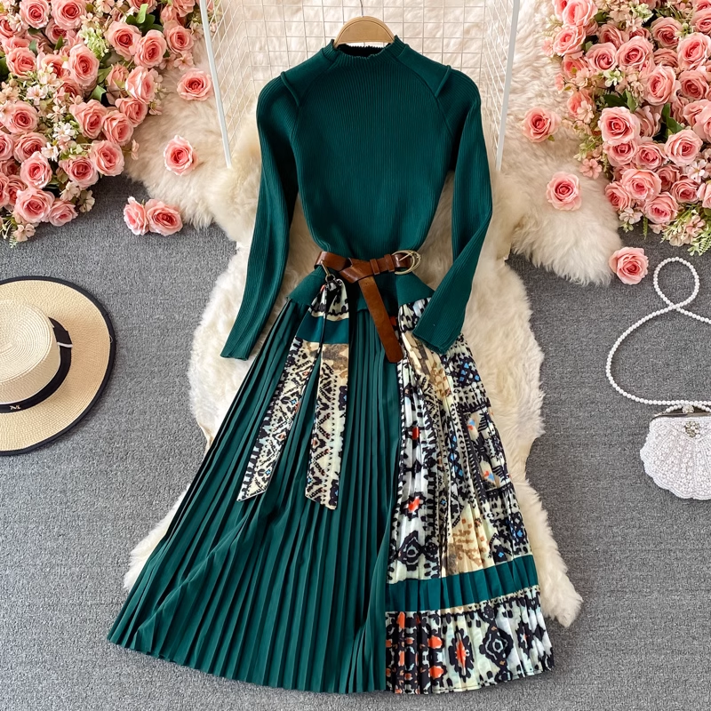 Vintage Autumn Print Pleated Skirt Dress with Stand Collar & Knit Sweater - Perfect for Fall Outfits, Casual Wear & Holiday Fashion