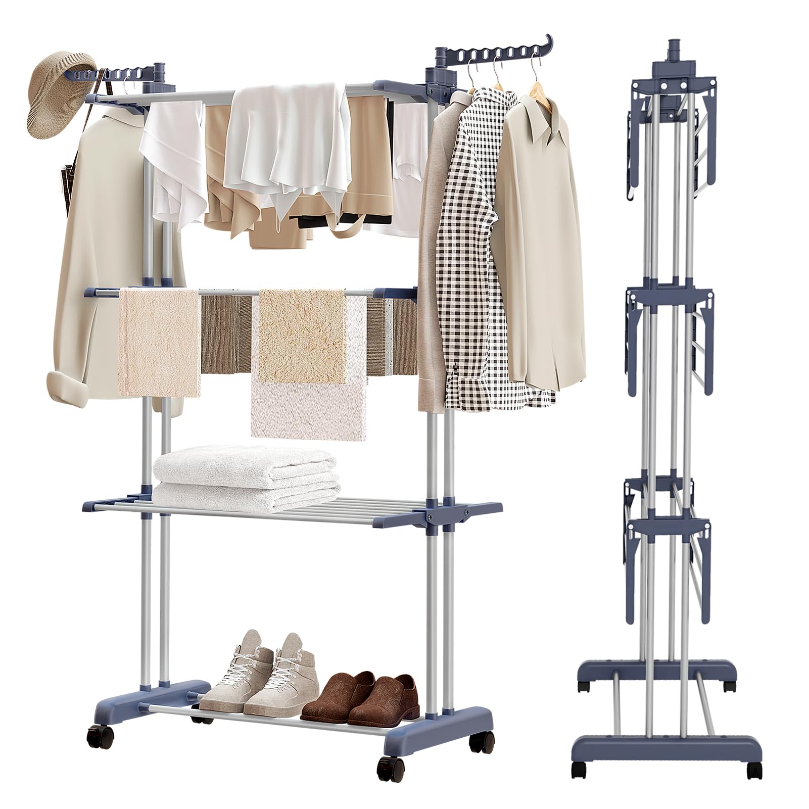 YORKING 4-Tier Foldable Clothes Drying Rack with Wheels | Indoor & Outdoor Laundry Rack for Shirts, Pants, Towels | Space-Saving Garment Organizer for Apartments, Dorms, Balconies