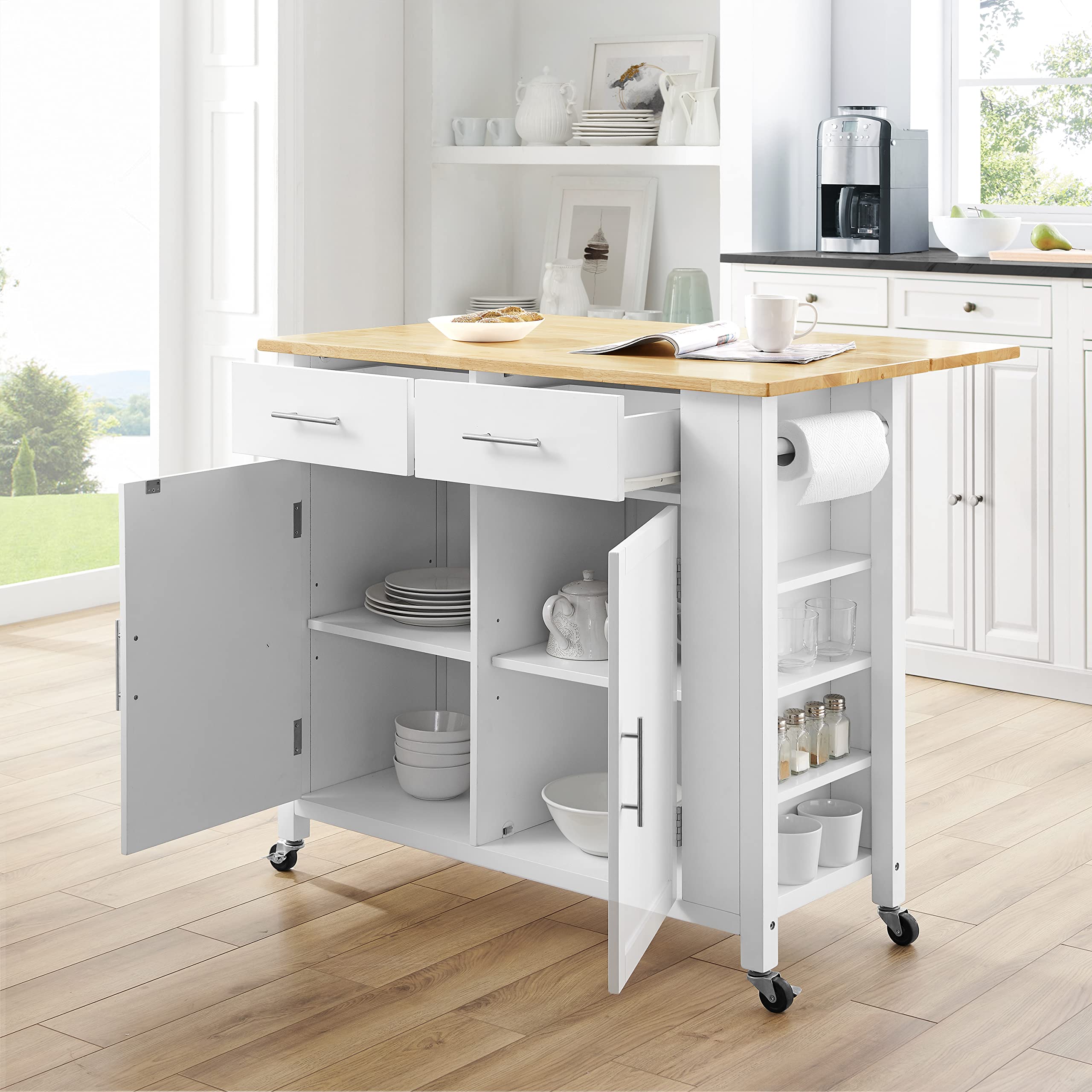 Crosley Savannah White Wood Top Drop Leaf Rolling Kitchen Island Cart with Spice Rack & Shelves - Perfect for Small Kitchens, Dining Rooms & Entertaining Spaces