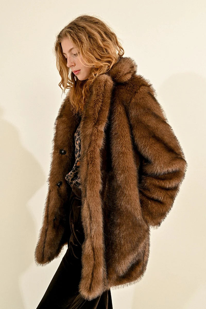 Luxury Soft Faux Fur Coat Women's Winter Warm Brown Jacket - Cozy Outerwear for Casual Outings & Holiday Parties