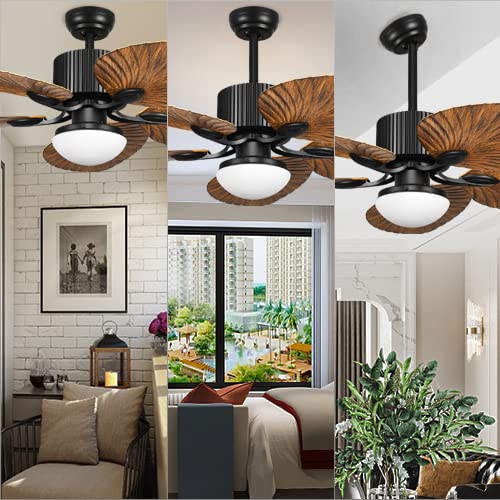 YITAHOME 52 Inch Tropical Ceiling Fan with LED Light, Remote Control, Memory Function & 5 Reversible Palm Leaf Blades - Perfect for Bedroom, Living Room, and Outdoor Patio - Walnut Finish