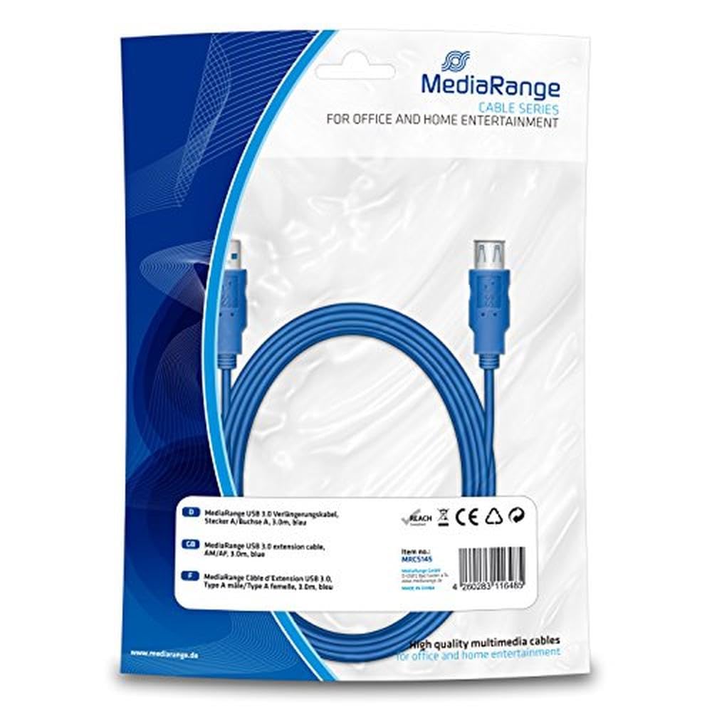 MRCS145 USB 3.0 Cable 10ft (3m) High-Speed Charging & Data Sync Cable - AM to AF Connector, Durable Blue Cord for Smartphones, Tablets, Cameras & Gaming Devices