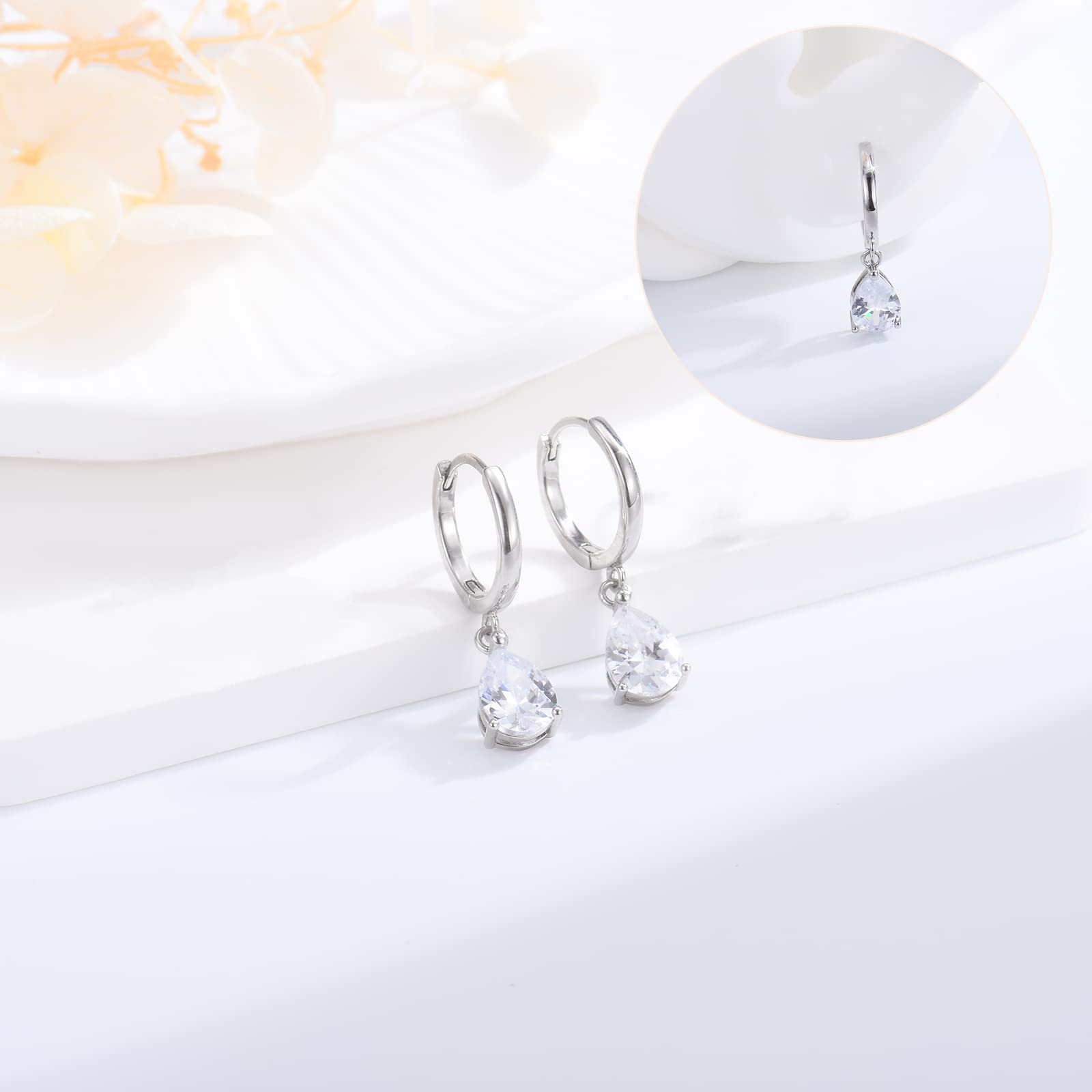 Sterling Silver Hoop Earrings for Women - Small Teardrop Dangle Huggie Earrings with Cubic Zirconia | Hypoallergenic Cartilage Jewelry | Perfect Gift for Girls, Everyday Wear & Special Occasions