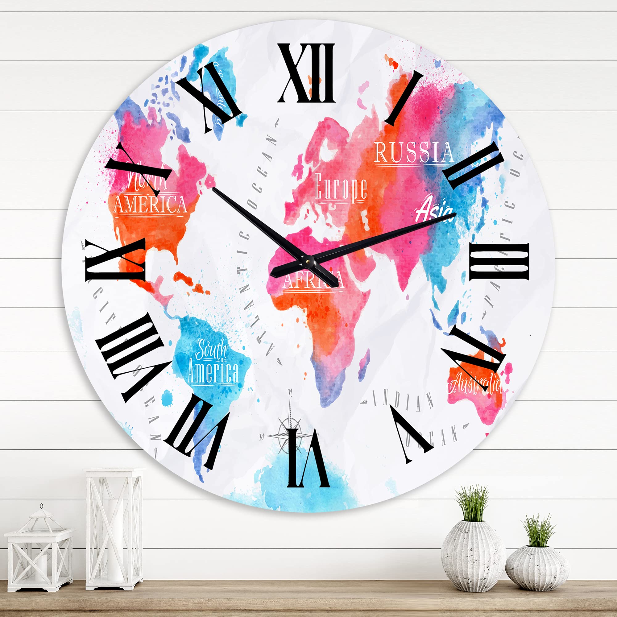 DesignQ Modern World Map Wall Clock in Pink and Blue - Large Decorative Clock for Kitchen, Living Room, Bedroom & Office | Perfect Home Decor Gift