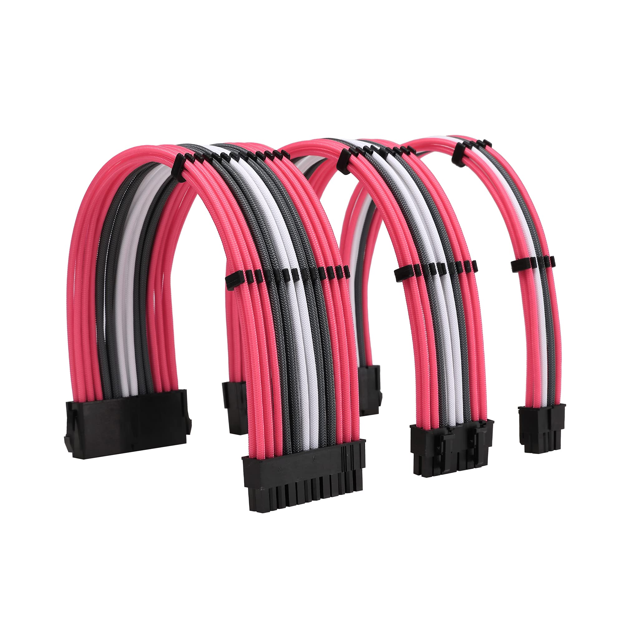 High-Quality 18AWG Sleeve Extension Power Supply Cable Kit - ATX 24-Pin, EPS 8-Pin & PCI-E 8-Pin (2) with Cable Combs - Pink Grey White for PC Builds, Gaming Rigs & Workstations