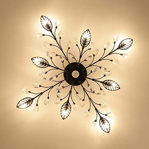 Black Contemporary Leaf Semi Flush Mount Ceiling Light with Clear Crystal Accents - 8-Light Modern Metal Fixture for Dining Room, Bedroom or Living Room Lighting