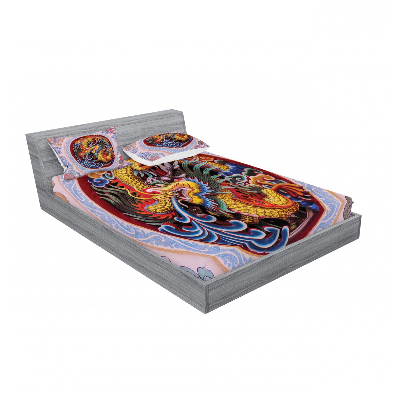 Ambesonne 2-Pack Queen Size Fitted Sheet Set with 4 Pillow Shams - Chinese Dragon Mythical Floral Design in Yellow & Blue - Luxury Bedding Decor for Master Bedroom, Guest Room & Dorm - Wrinkle Resistant & Easy Care