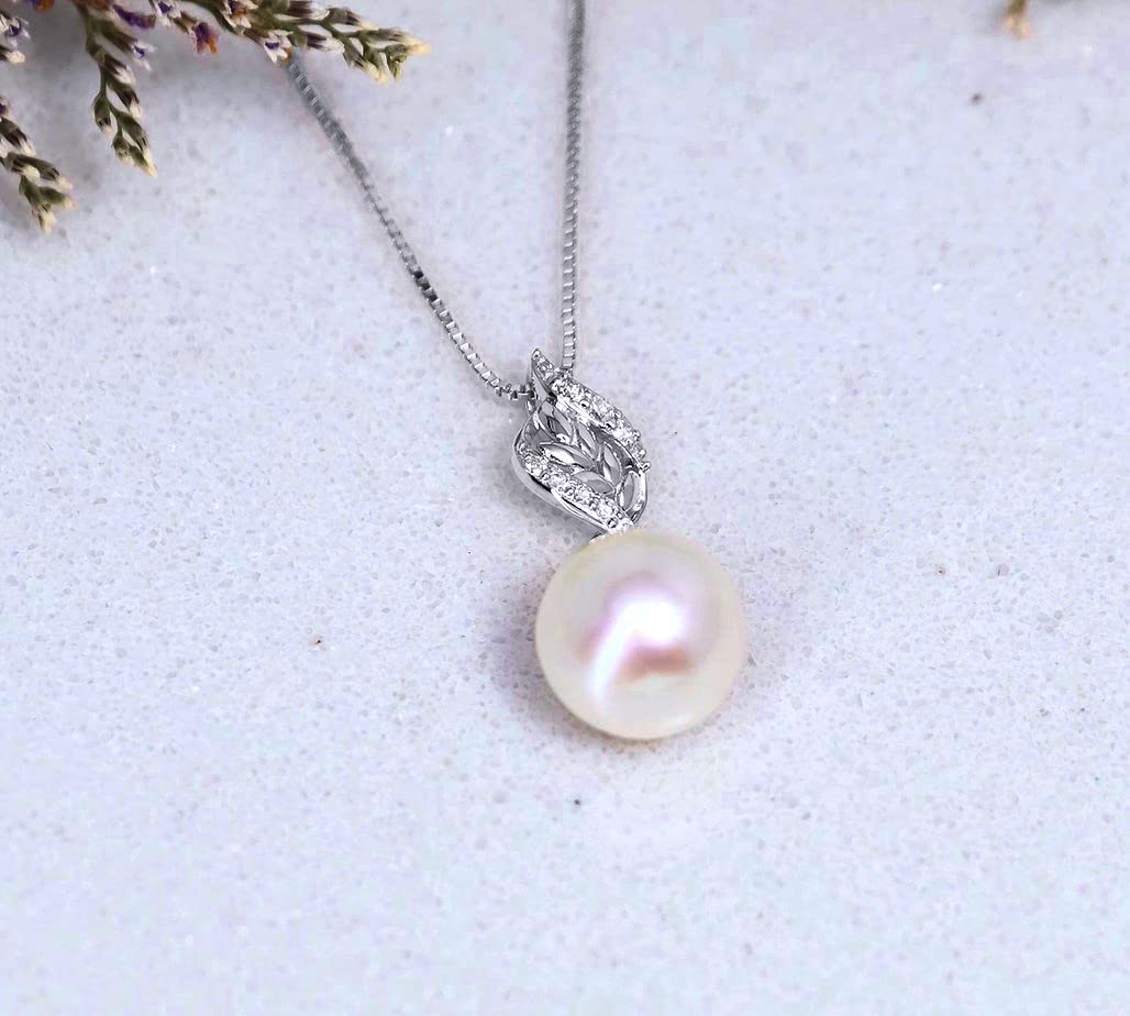 14K Gold Diamond Leaf Pearl Necklace for Women - Real Gold Box Chain & Pendant - Elegant Anniversary Gift for Wife - Christmas Jewelry Present for Her (16-18 Inch) - Perfect for Weddings, Date Nights & Special Occasions