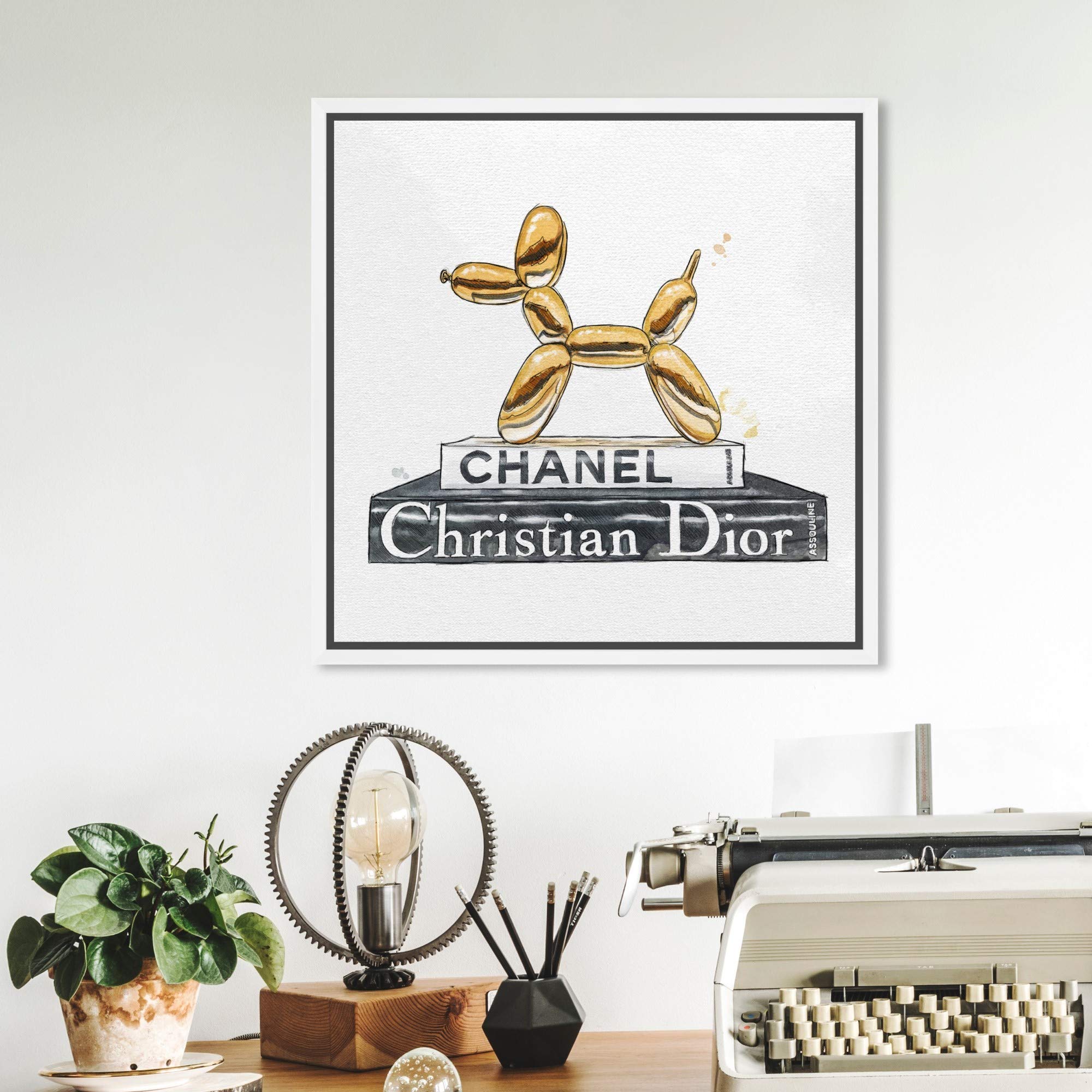 Oliver Gal Artist Co. Balloon Dog Library Framed Wall Art - 12x12 Inch Fashion Glam Canvas Prints in Gold & Gray - Perfect for Bookshelf Decor, Living Room, Office & Home Décor