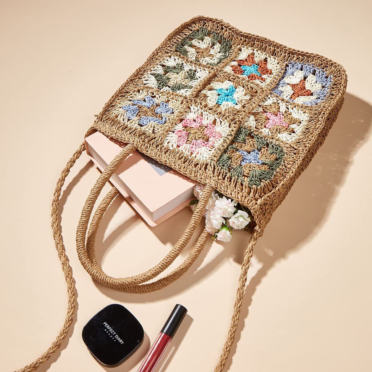 Straw Bag for Women - Hand-Woven Rattan Shoulder Bag & Crossbody Purse - Jiugongge Floral Retro Beach Bag (Khaki) | Perfect for Summer Vacations, Beach Trips & Boho Fashion