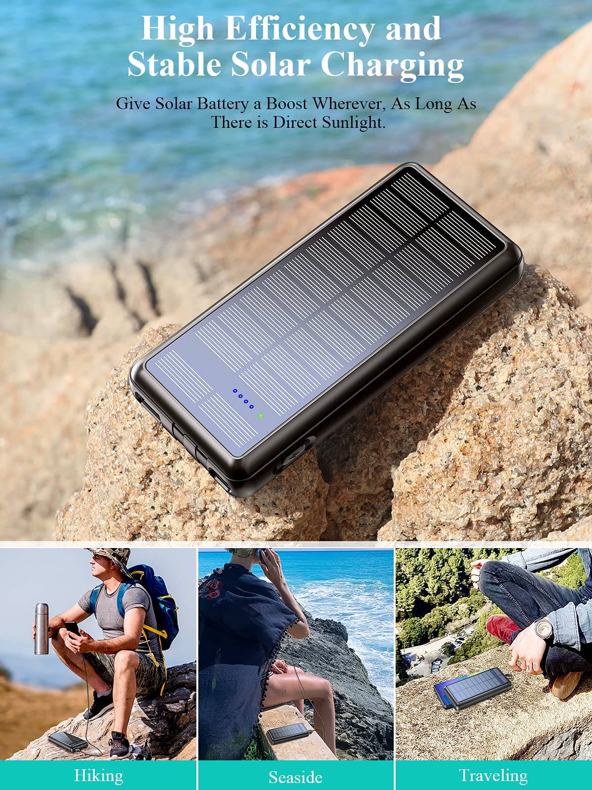36800mAh Solar Power Bank with 2 Output Ports & Built-in Cables - Portable Charger for iPhone, Android Phones & Tablets - Perfect for Camping, Travel & Emergency Power Backup