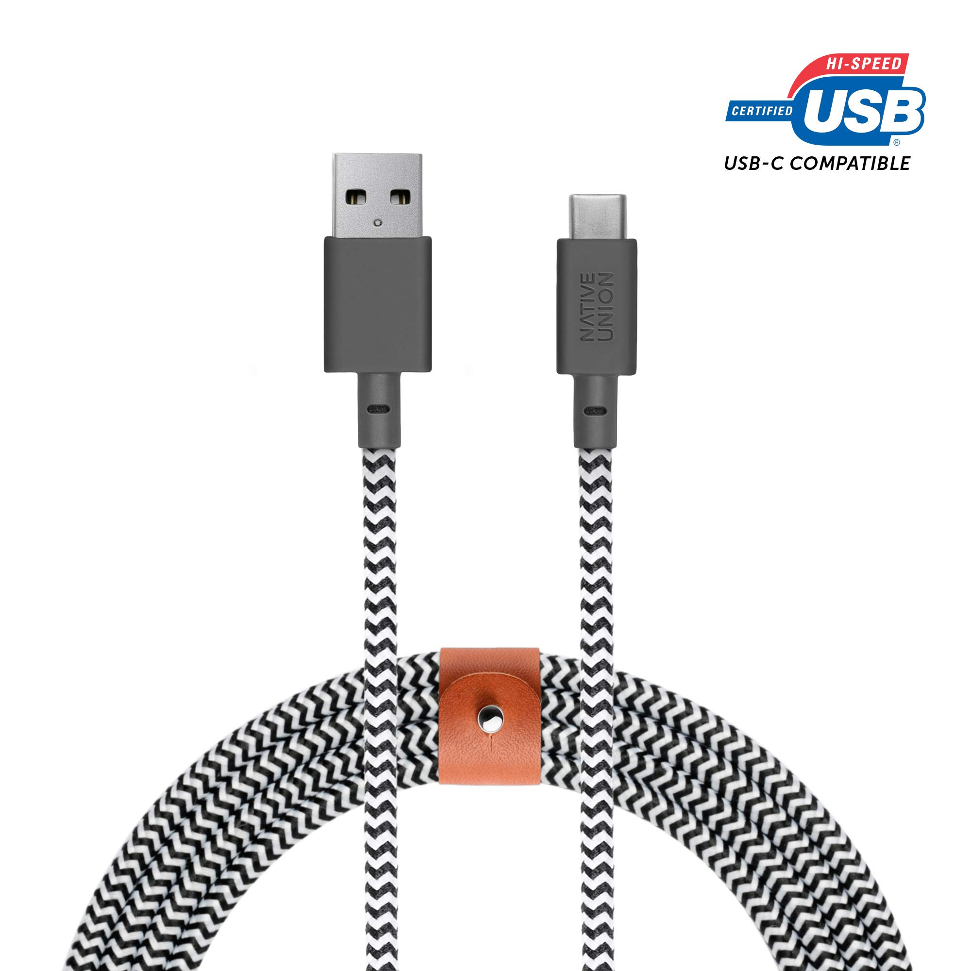 Premium 10ft USB-C to USB-A Charging Cable with Leather Strap - Ultra Durable Fast Charger Compatible with iPhone 16, Samsung Galaxy Z Fold 6/Flip 6/S24 Ultra, Google Pixel 9 Pro, iPad Pro - Perfect for Home, Office & Travel (Zebra Pattern)