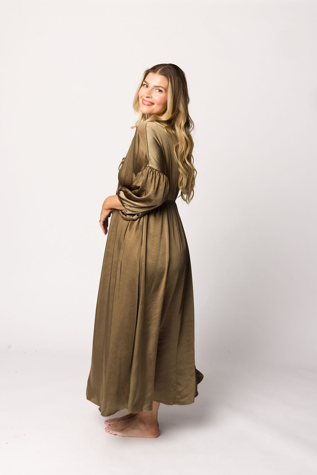 Hunter Premium Satin Midi Dress in Tapenade - Bump Friendly Maternity Dress for Special Occasions & Date Nights
