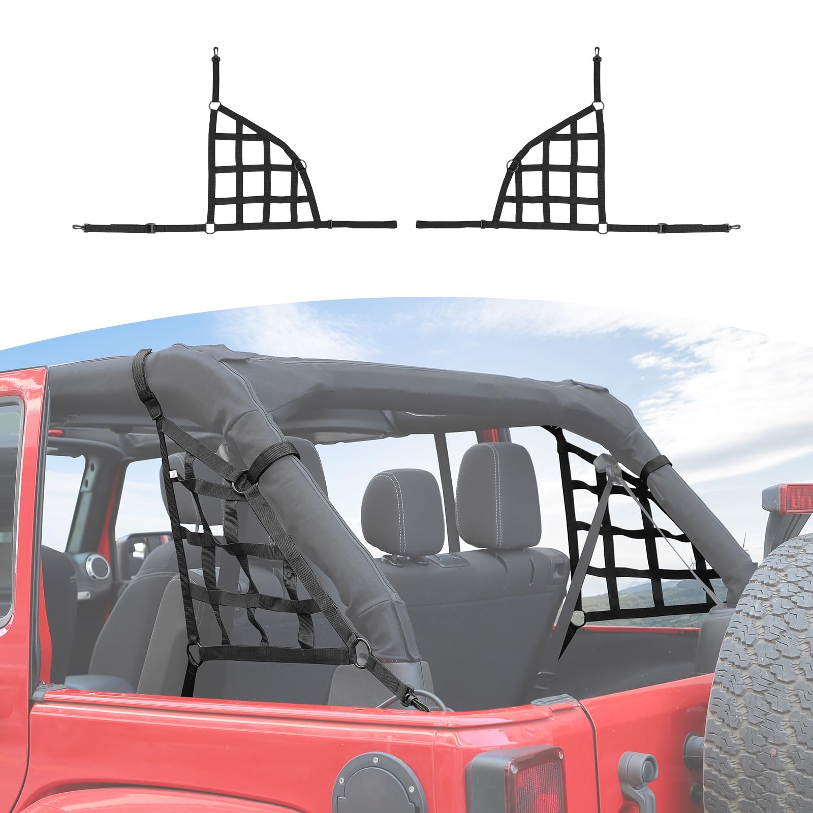 RT-TCZ Mesh Cargo Side Net for Jeep Wrangler JK & JKU (2007-2017) 4-Door - Black Trunk Organizer Accessories (2-Pack) - Perfect for Off-Road Gear Storage & Organization