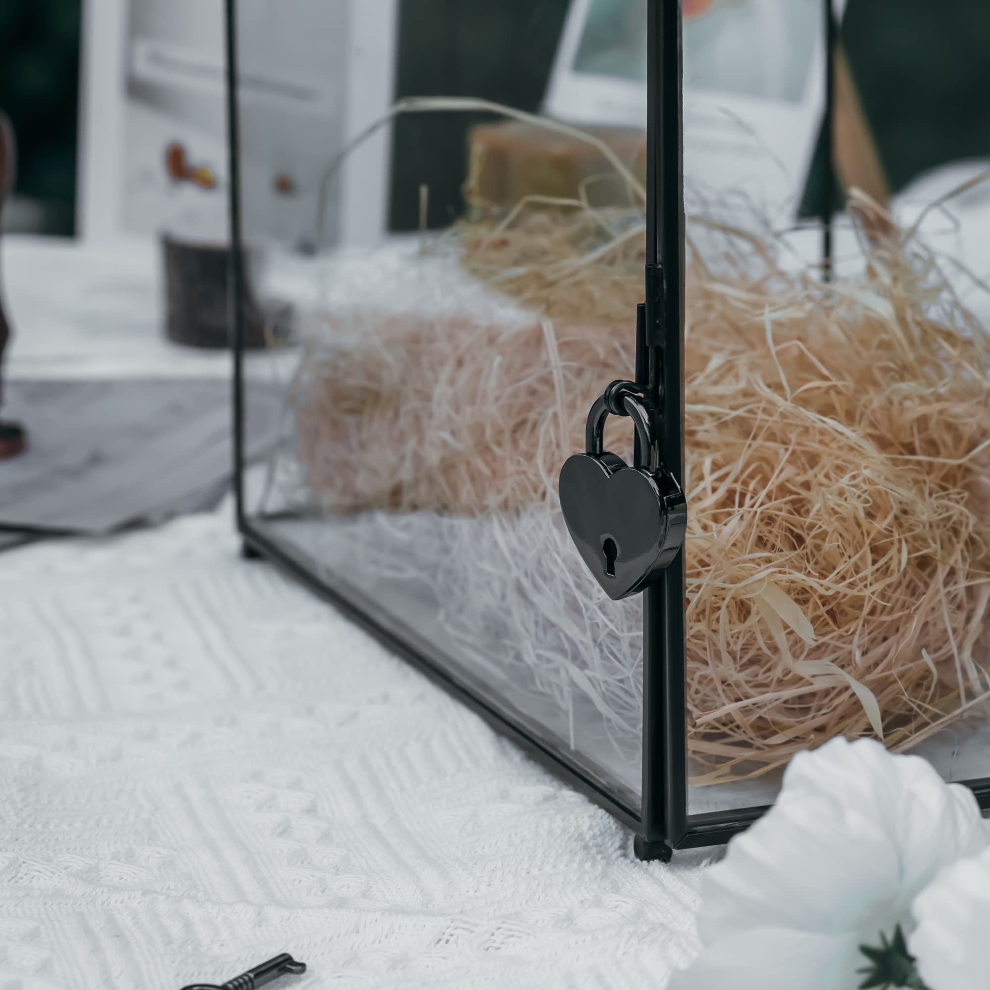 Elegant Black Geometric Glass Cards Box with Slot & Lock - 10.2x5.9x7.9 Inch Handmade Wedding Wishing Well Terrarium - Perfect for Birthday Parties, Reception Decor & Gift Card Holder (Glass Box Only)