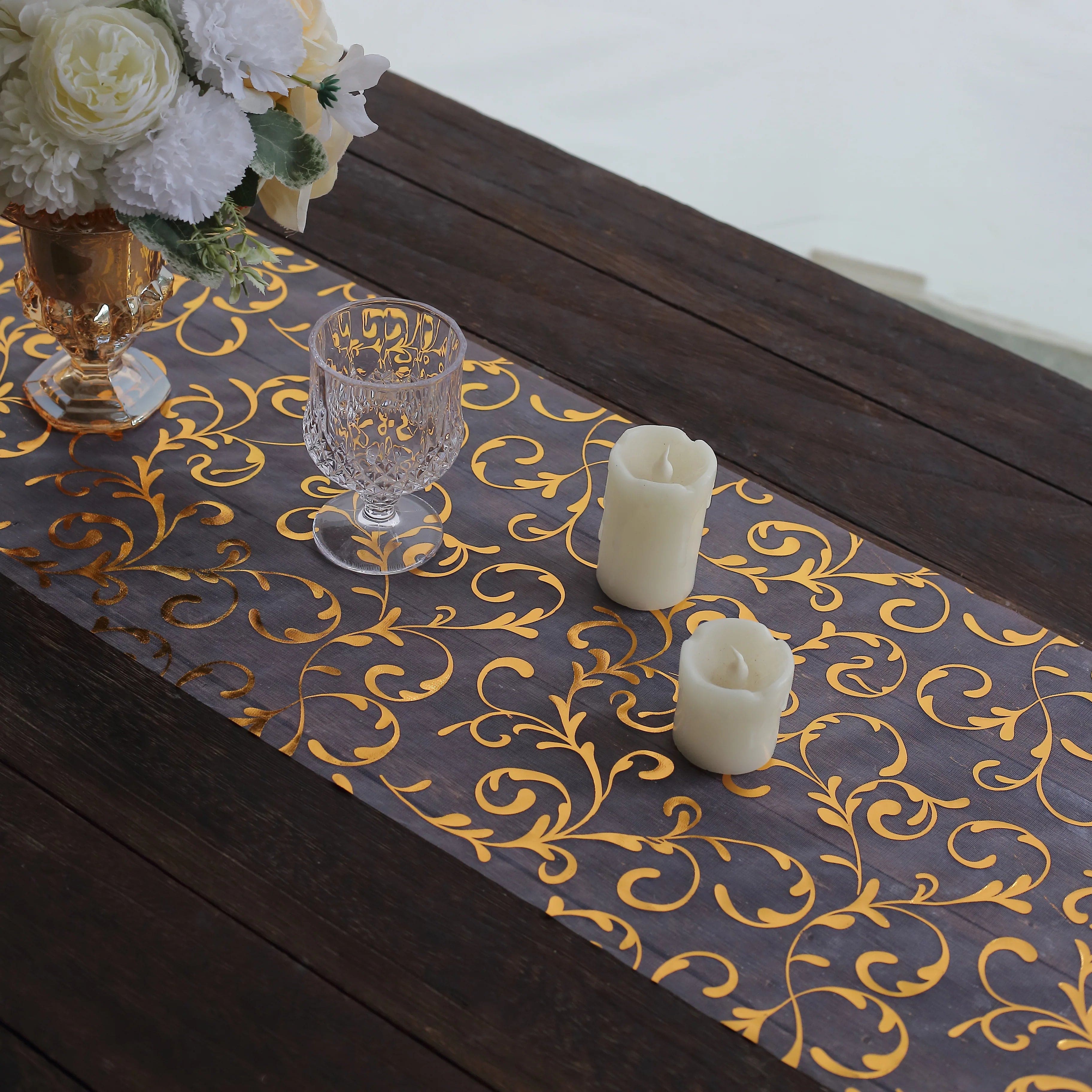 12-Pack 108-Inch Sheer Organza Table Runners with Embossed Floral Pattern - Elegant Wedding, Party & Banquet Decorations for Dining Tables