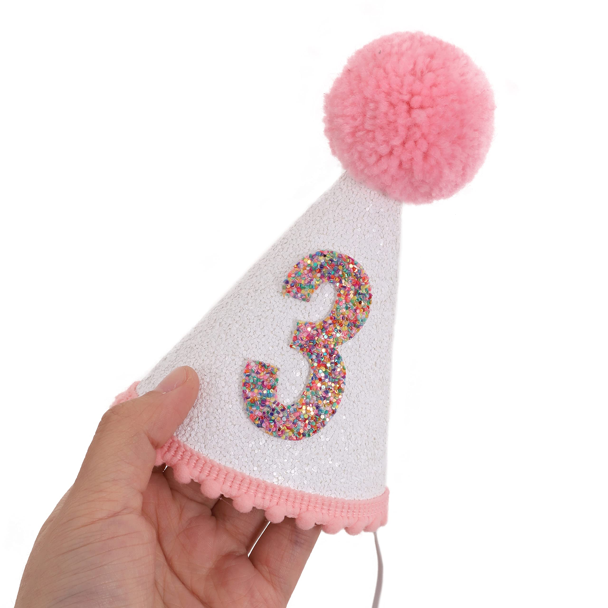 Sparkly Pink Glitter Birthday Hat for Girls with Pom Topper - Cute Party Decorations for Birthday Celebrations, Tea Parties & Photo Shoots