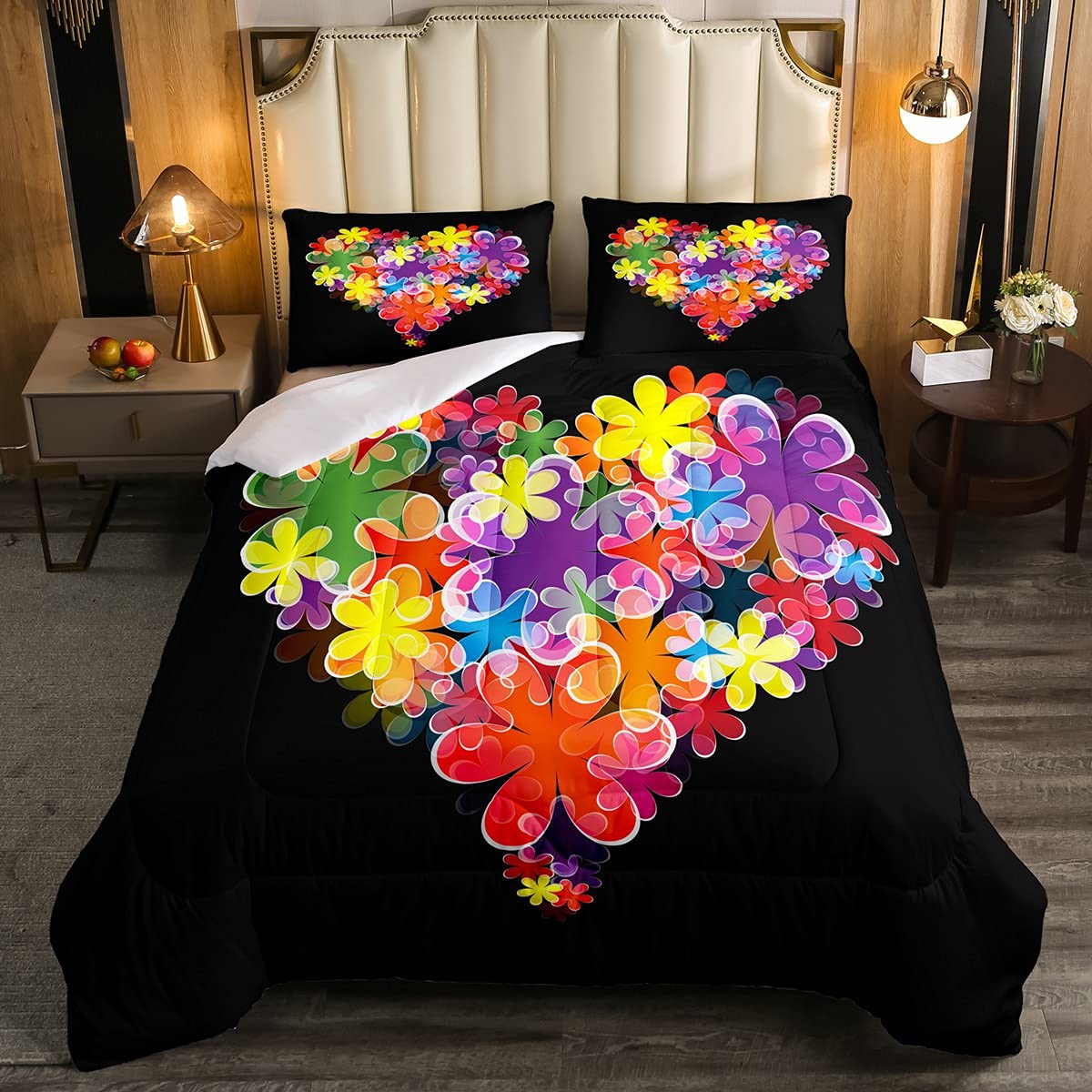Floral Heart Bedding Set for Girls - Twin Size Multicolor Flower Duvet Cover with Heart Pattern, Watercolor Blossom Quilted Comforter Set - Perfect for Wedding, Festival, Party Decor & Kids' Room (Black Background)