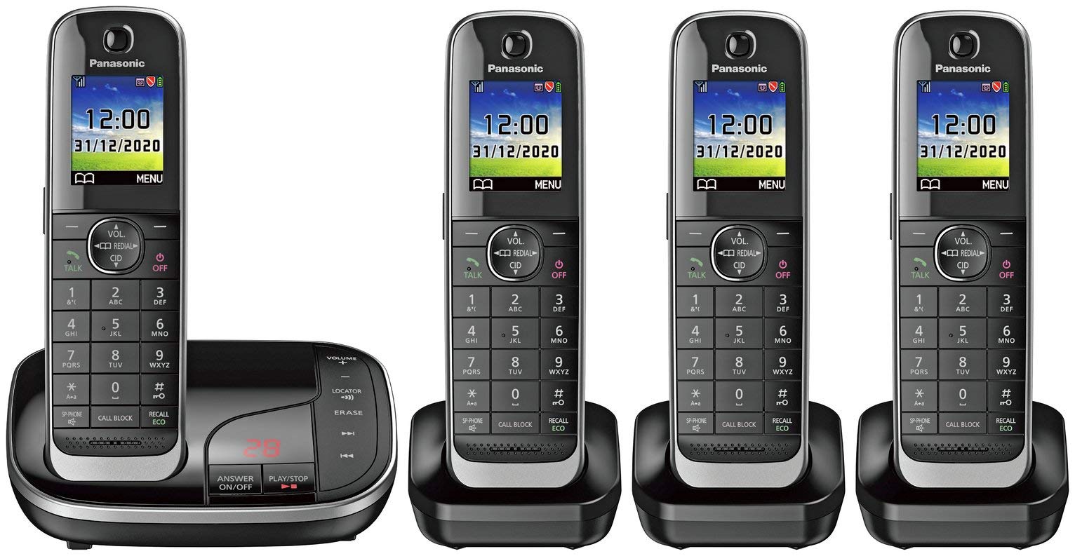 Panasonic KX-TGJ424EB Cordless Landline Phone with Answering Machine - 4 Handsets, Call Blocking, Color Display - Ideal for Home & Office Use