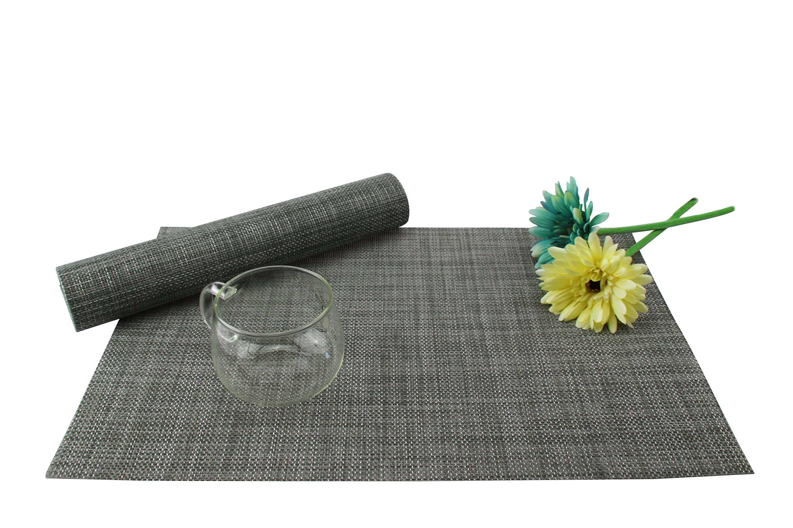 Non-Slip Heat-Resistant PVC Woven Vinyl Placemats Set of 6 - Washable & Stain-Resistant Kitchen Table Mats for Dining Room, Gray - Perfect for Everyday Meals, Dinner Parties & Holiday Gatherings
