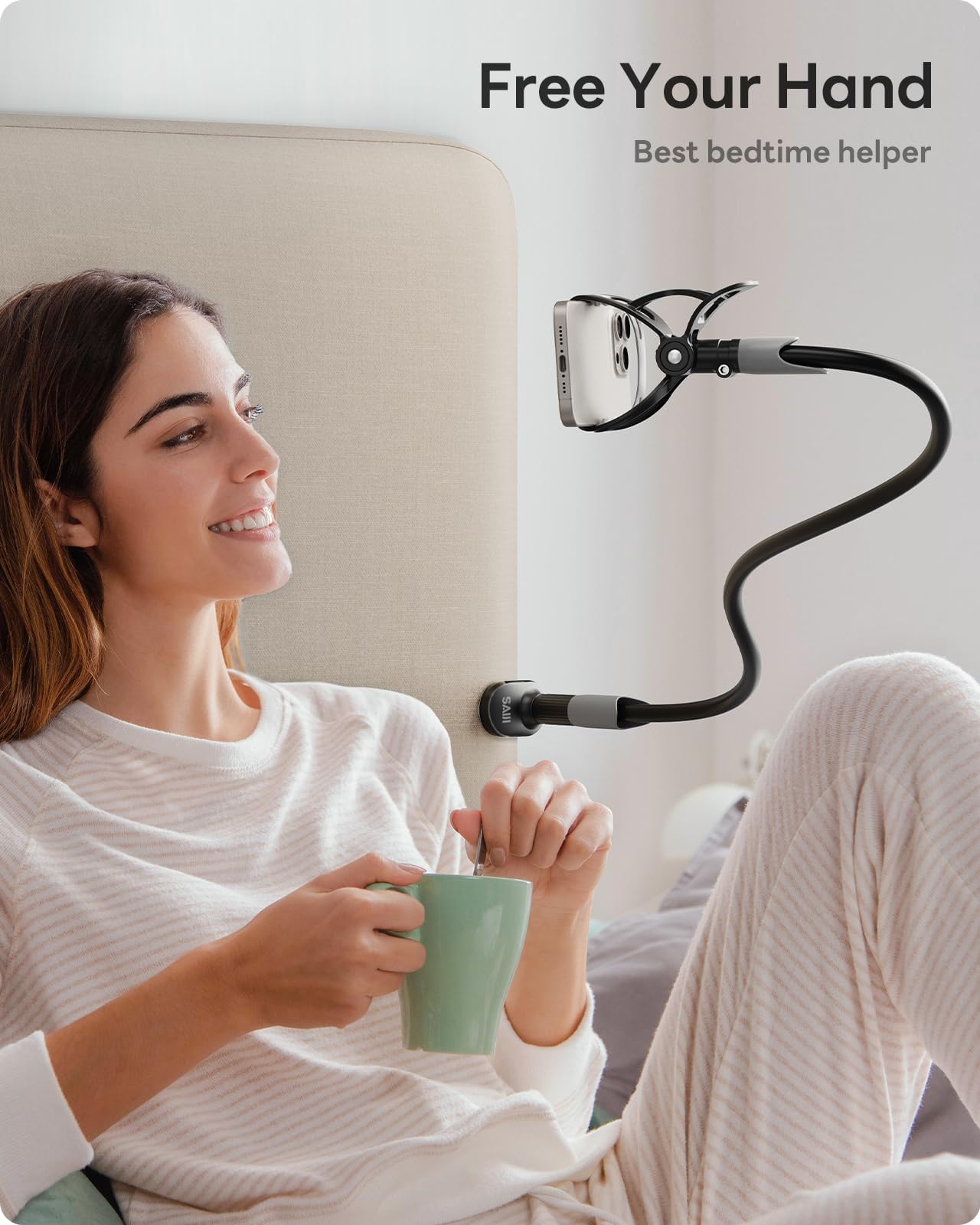 SAIJI Adjustable Gooseneck Phone Holder - Flexible Long Arm Phone Mount for Desk, Clip Stand for iPhone, Samsung, Nintendo Switch - Perfect for Reading, Gaming & Video Calls (Black)