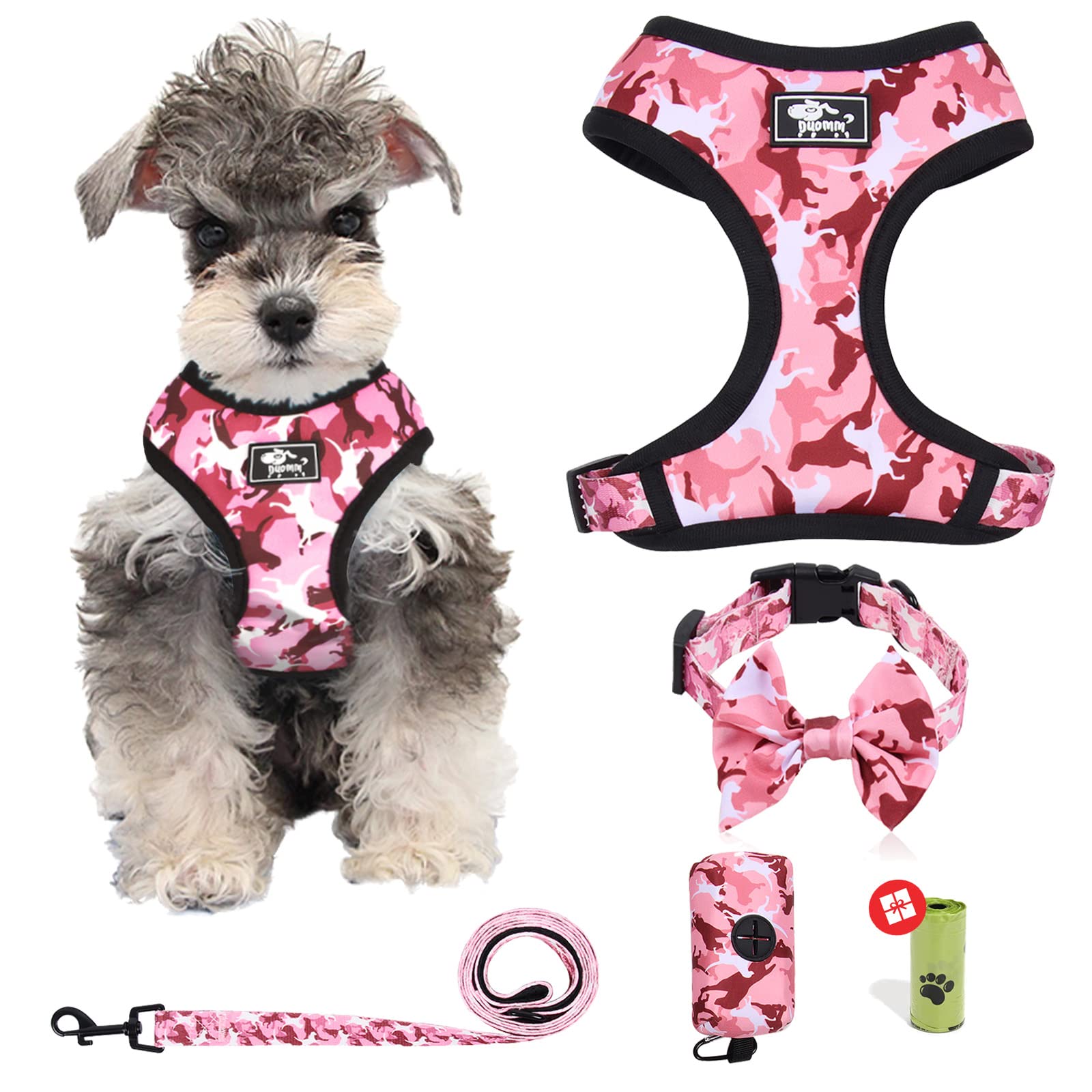 **Adjustable Reflective No-Pull Dog Harness & Leash Set for Small Dogs & Puppies - Pink Camouflage (Size L) with Bow-Tie Collar & Poop Bags - Perfect for Walking, Training & Outdoor Adventures**