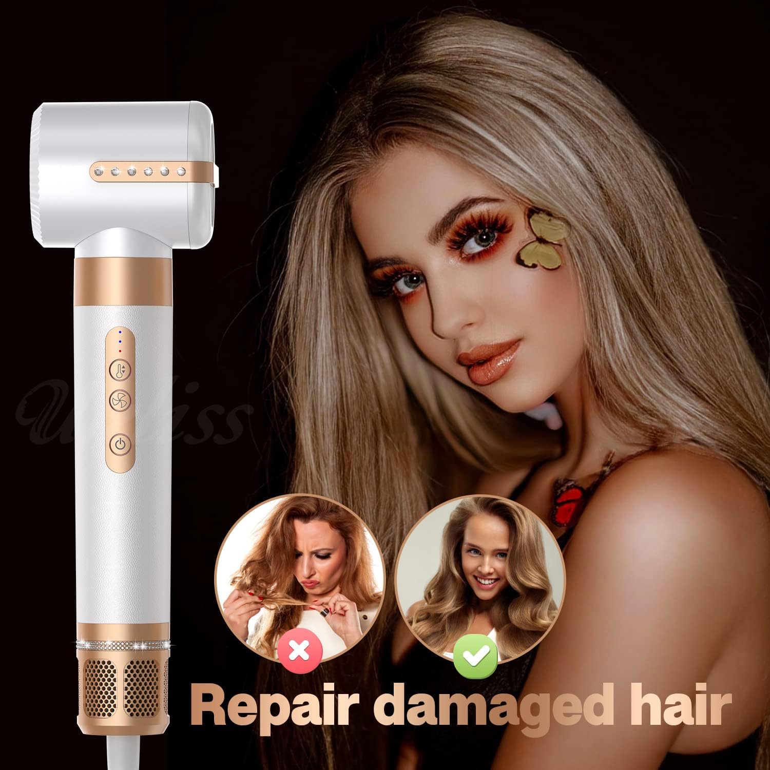 Professional 7-in-1 Hair Styling Kit with Hot Air Brush, Curling Wand & Straightener - Ionic Blow Dryer Set for Salon-Quality Styling at Home - Perfect for Travel, Daily Use & Special Occasions (White)