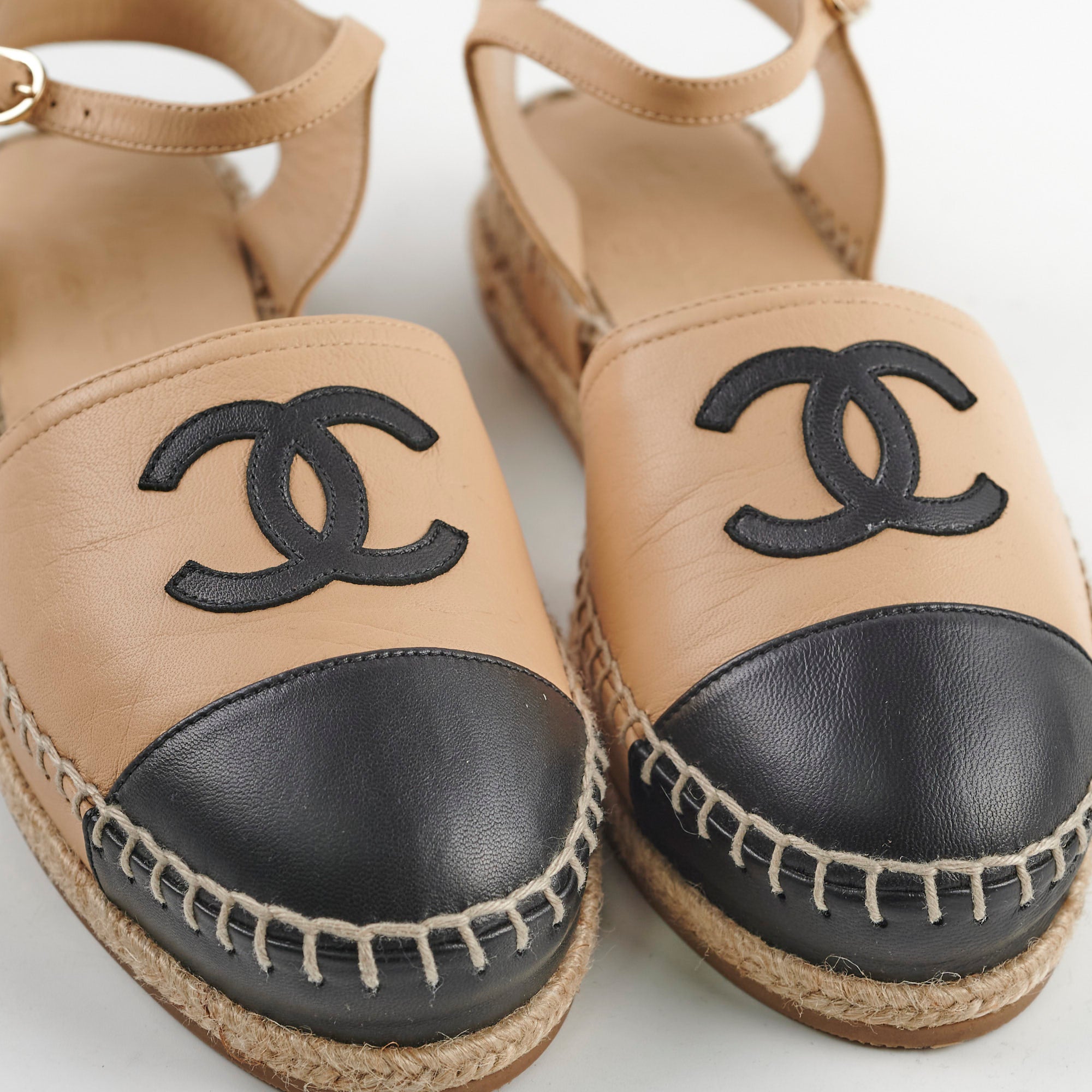 Chanel Beige & Black Open-Toe Espadrilles Flats - Size 36 | Comfortable Summer Sandals for Beach, Vacation & Casual Outings
