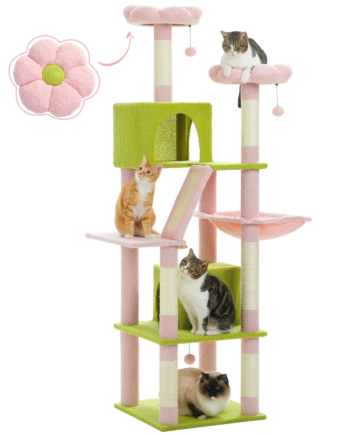 180cm Pink Cat Tree Tower Condo with Scratching Posts - Large Flower Design Cat Climbing Furniture for Indoor Cats - Perfect for Play, Rest & Scratch in Living Room or Bedroom