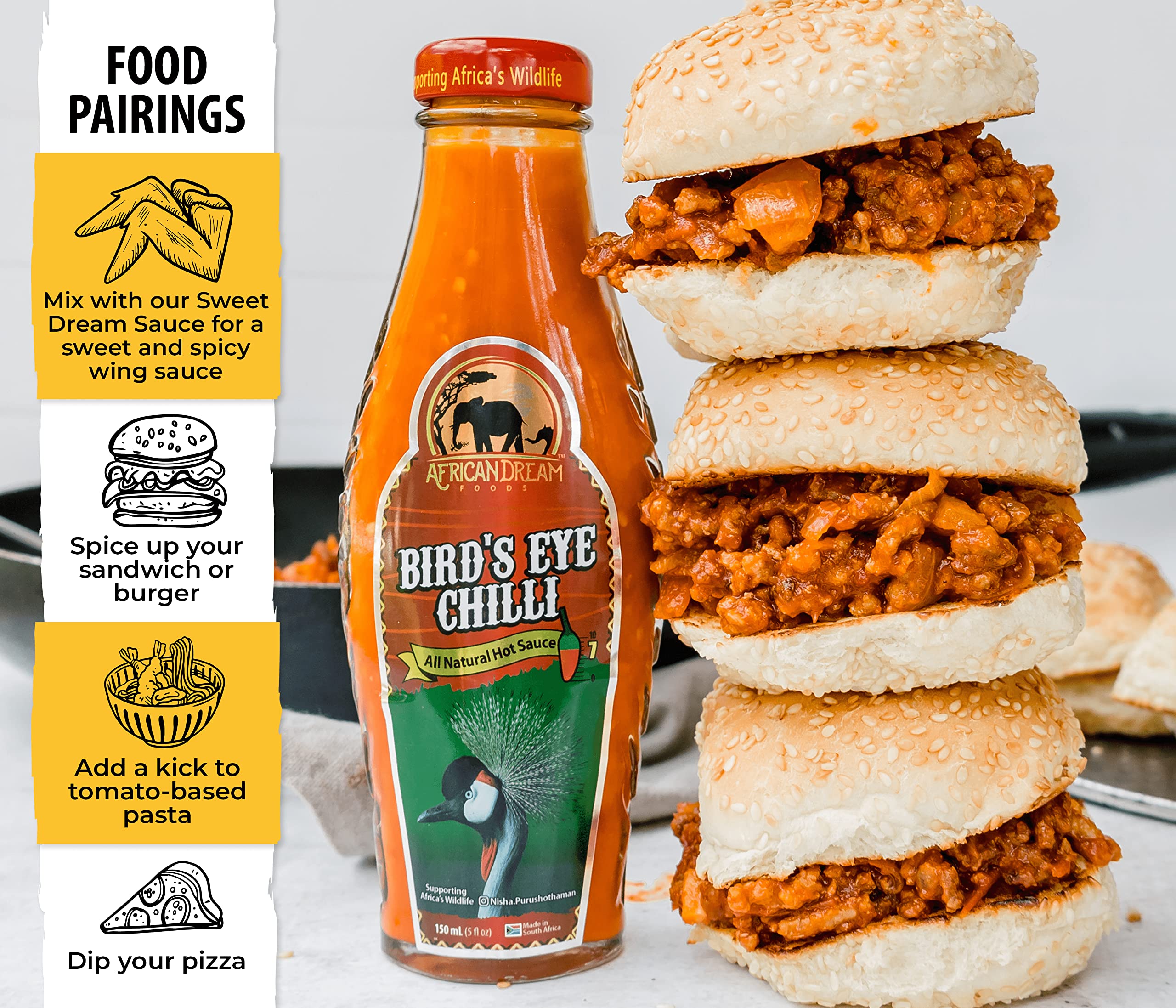 African Dream Foods Bird's Eye Chilli Hot Sauce - Bold & Fiery Flavor, Vegan, Non-GMO, 5 fl oz Glass Bottle - Perfect for Wings, Tacos, Pizza & Spicy Food Lovers