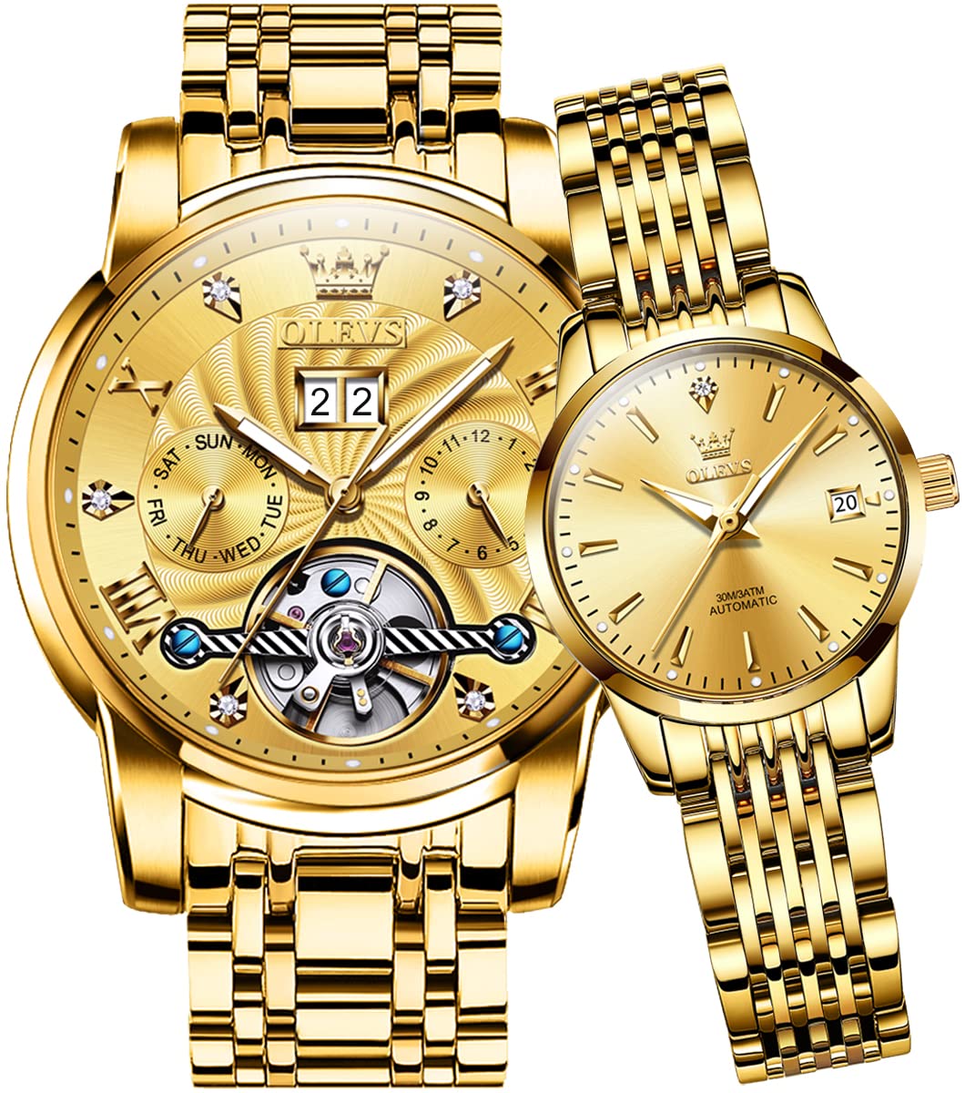 OLEVS His and Hers Automatic Mechanical Self-Winding Couple Watches Set - Matching Dress Watches for Valentine's Day Gifts | Perfect for Anniversaries, Weddings & Romantic Occasions