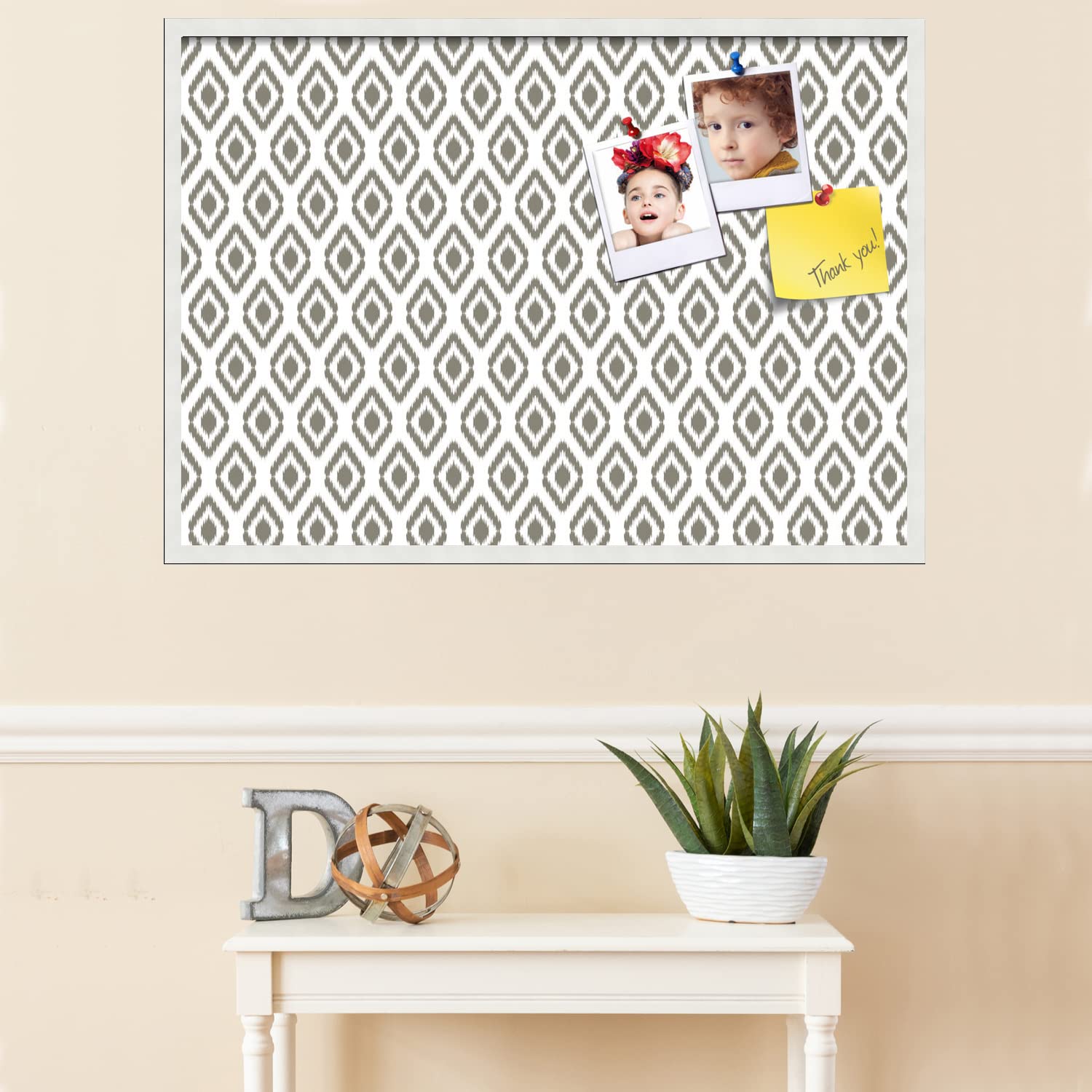 PinPix 40x28 Inch Cork Bulletin Board with Ikat Pewter Design & Satin White Frame - Decorative Framed Pin Board for Home Office School Decor - Perfect for Notes, Photos, Reminders & Wall Organization