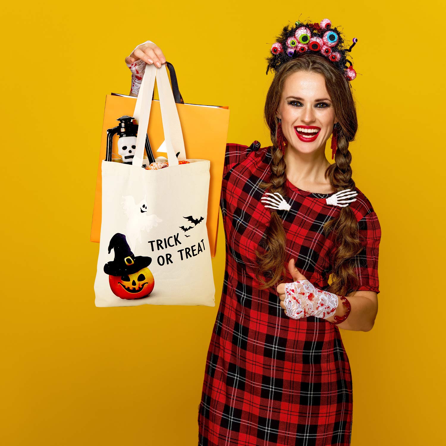 WeeWooday 2-Pack Halloween Tote Bags - Reusable Canvas Grocery Shopping Bags with Pumpkin Print for Trick or Treat, Halloween Parties, Fall Decor & Everyday Use