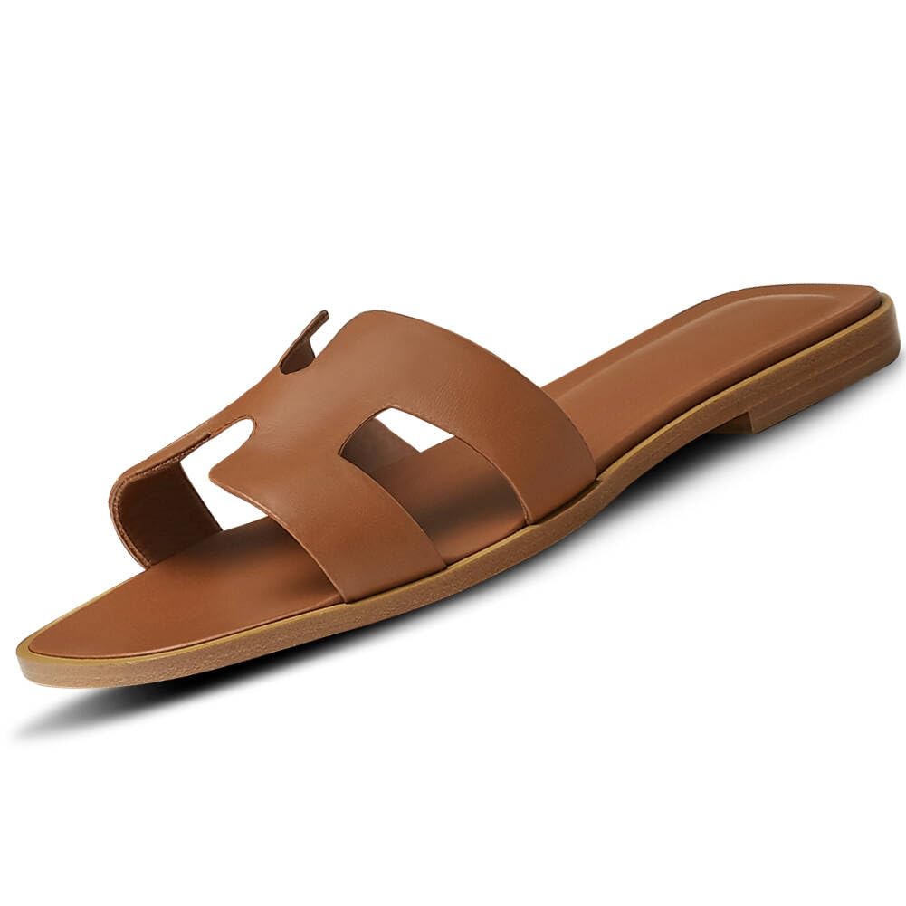 Women's Comfortable Leather H-Band Flat Sandals - Slip On Slides for Summer | Casual Walking, Beach Vacation & Everyday Wear