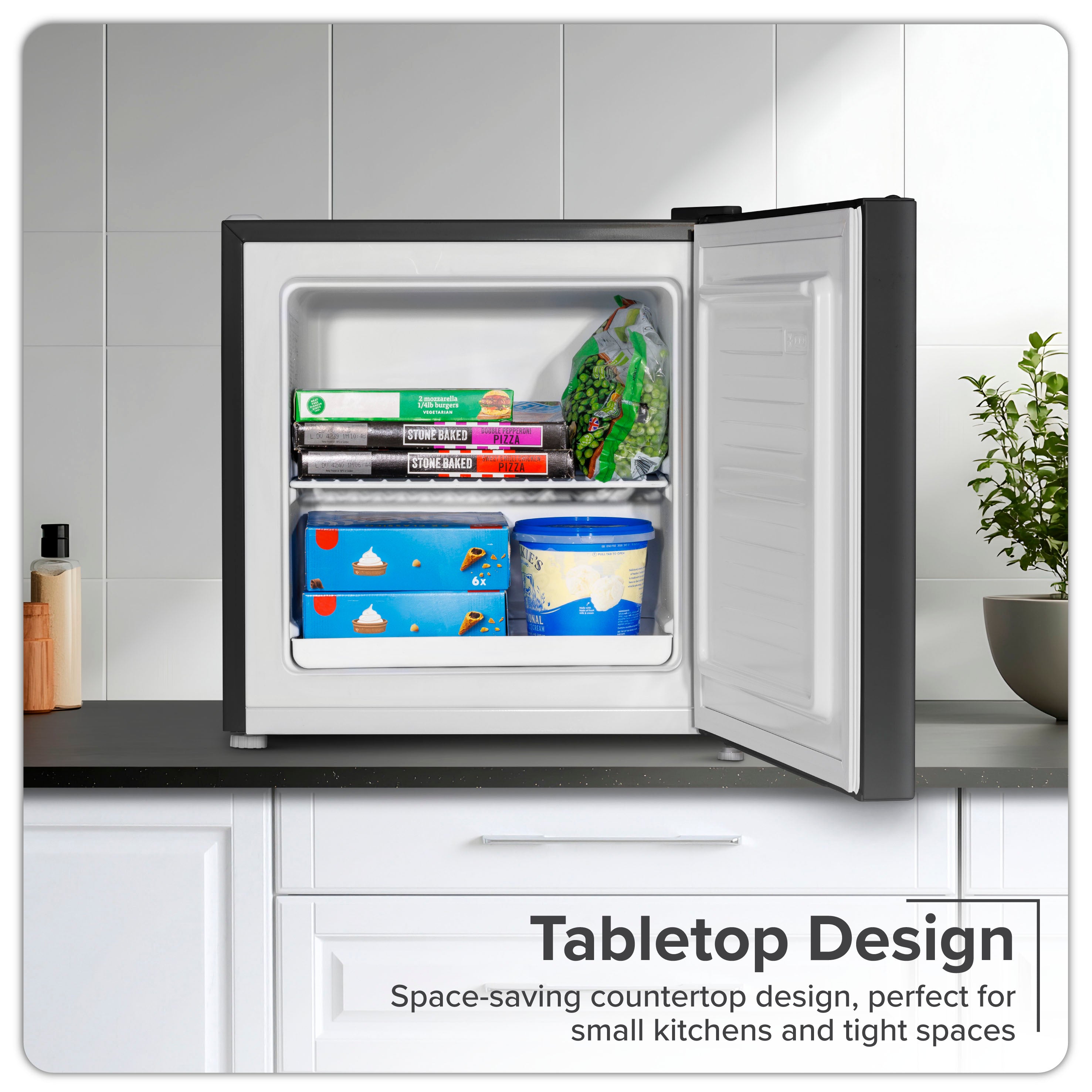 Baridi 31L Mini Tabletop Fridge and Freezer with Reversible Door - Compact Black Refrigerator for Bedroom, Office, Dorm, or Small Spaces - Perfect for Drinks, Snacks, and Beauty Products Storage