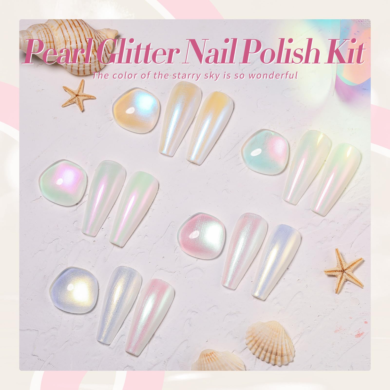 Born Pretty Pearl Nail Polish Set - 5 Colors Transparent Shell Glimmer Shimmer Sheer Jelly Nail Varnish with Base & Top Coat | Manicure, Nail Art, French Tips, Pedicure, Salon & Home Use