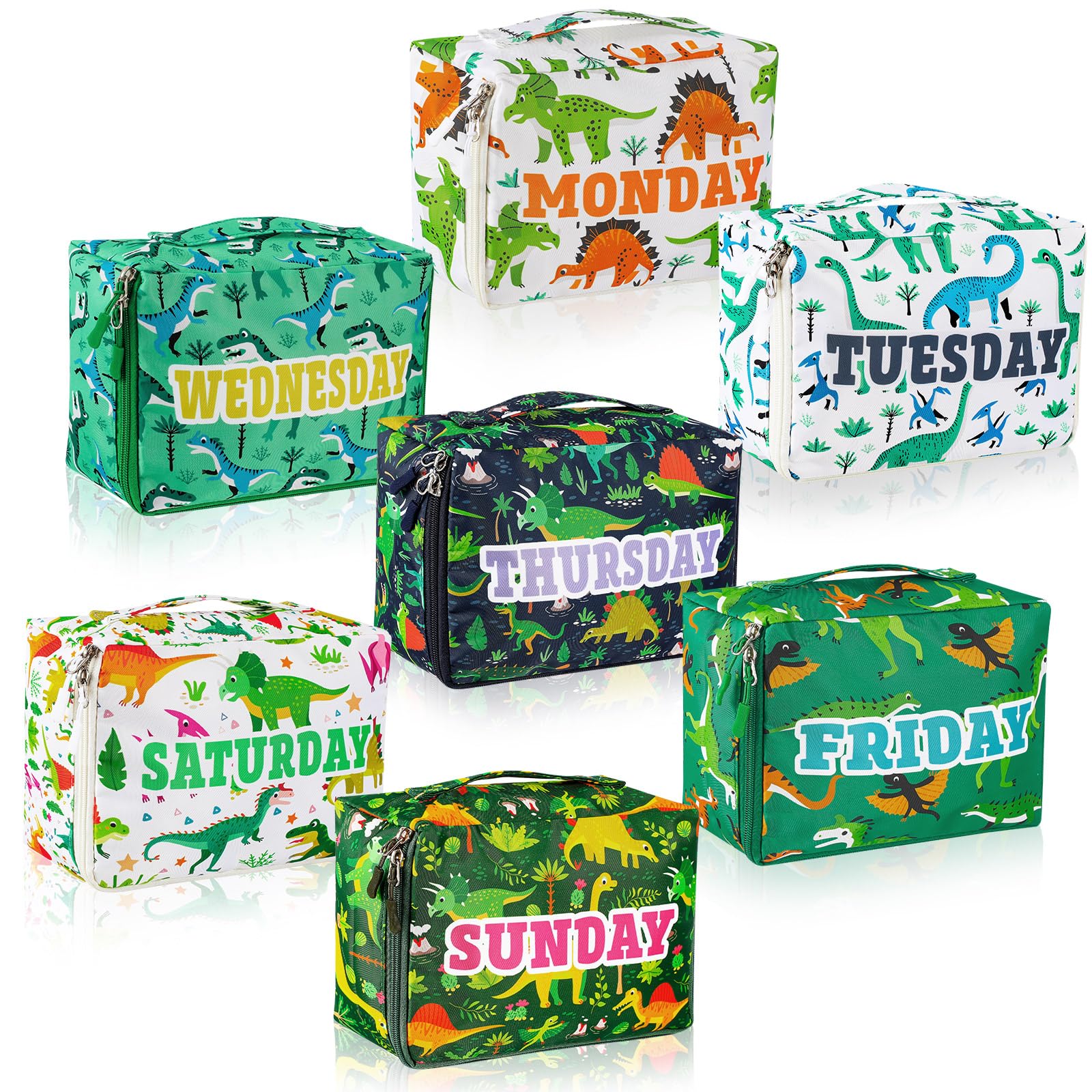 Dinosaur-Themed 7-Piece Kids Travel Packing Cubes Set - Colorful Weekday Compression Organizers for Luggage & Suitcase - Perfect for Camping, School Trips & Family Vacations