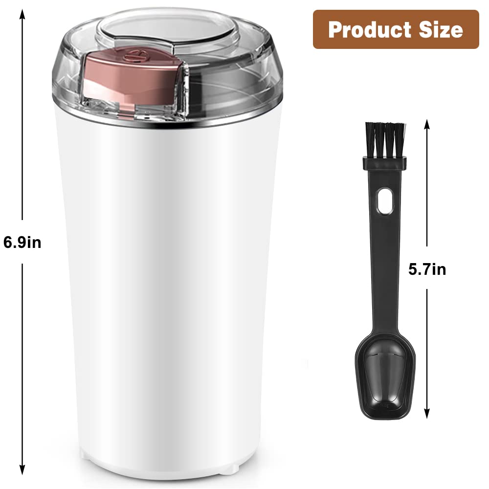 Premium Electric Coffee Grinder & Spice Grinder - Stainless Steel Blade with Integrated Brush Spoon - One-Touch Push Button for Coffee Beans, Herbs, Peanuts & Grains - Perfect for Home Kitchens & Coffee Shops (White)
