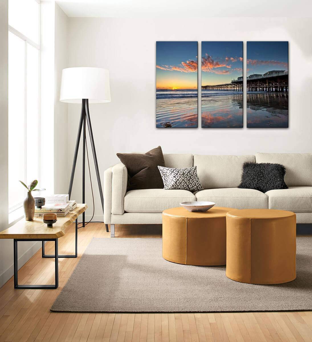 3 Panel Wall Art Modern Canvas Prints - Sunset at Crystal Pier, Pacific Beach San Diego California - Wooden Framed Pictures for Living Room & Bedroom Decor - Ready to Hang - Perfect for Coastal, Beach House & Boho Home Decor