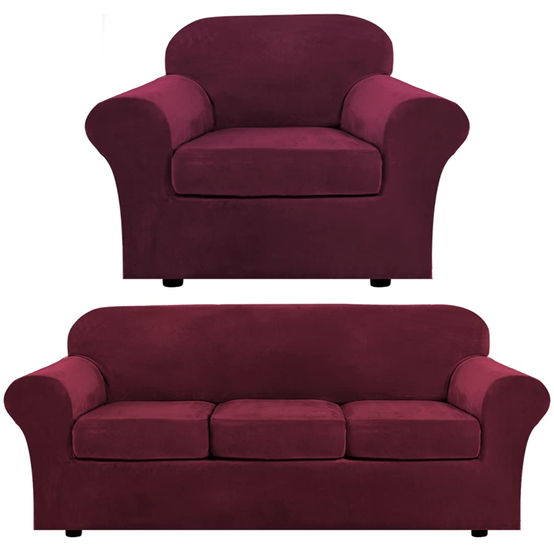 H.VERSAILTEX Velvet Plush Armchair Cover & 3-Cushion Sofa Cover Set - Ultra Soft Removable Washable Furniture Protector in Burgundy - Perfect for Living Room, Bedroom, and Home Decor