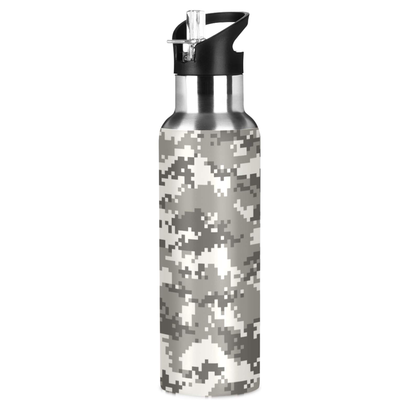Qilmy Gray Desert Digital Camouflage Vacuum Insulated Stainless Steel Water Bottle with Straw Lid - 22oz Leakproof Wide Mouth Flask for Fitness, Hiking, Camping & Outdoor Sports | Perfect for Gym, Workouts, and Adventure Travel