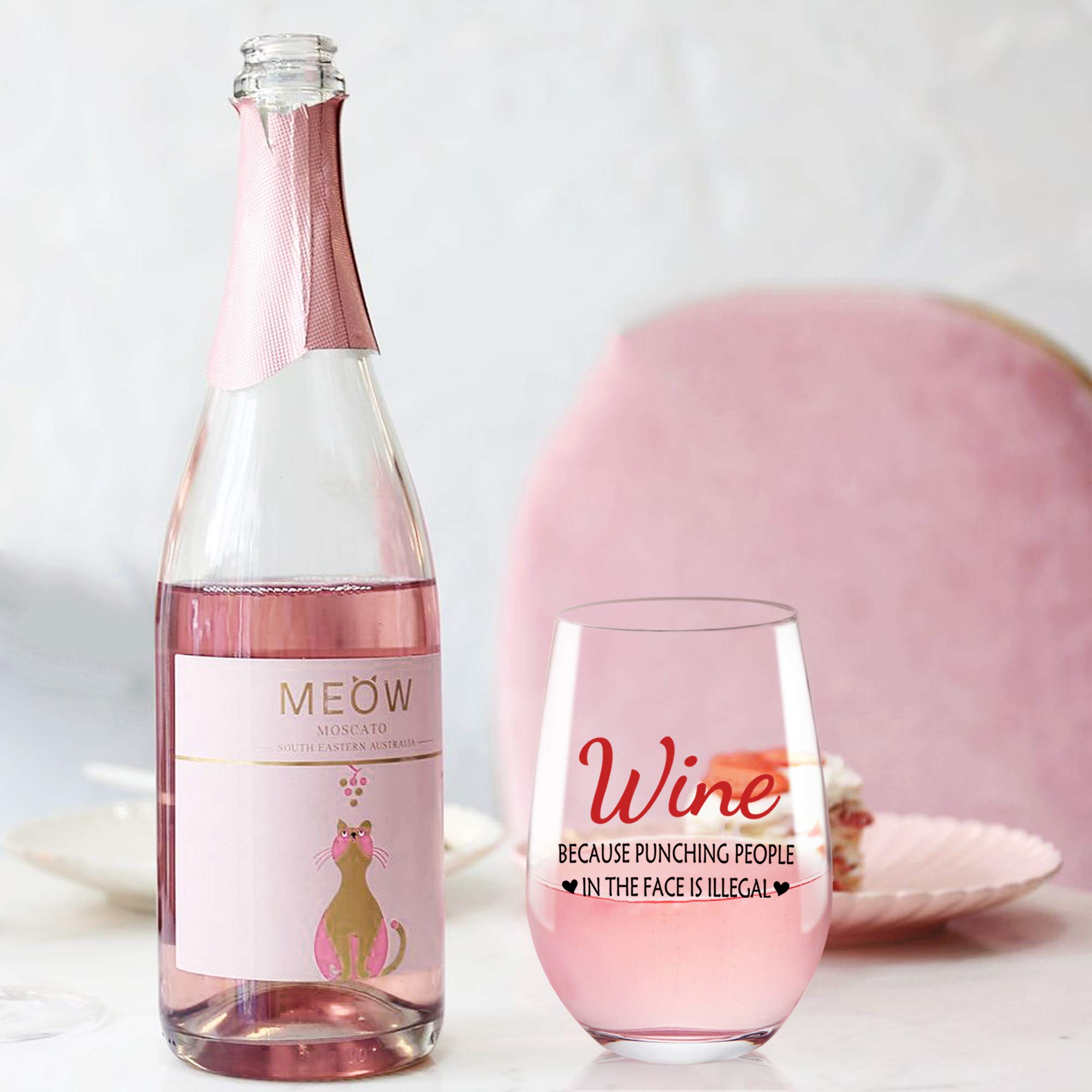 Funny Wine Glasses Gifts for Women - 'Wine Because Punching People is Illegal' Novelty 17oz Glass - Perfect Birthday, Mothers Day, Coworker, Wife, Sister & Friend Gifts - Great for Parties, Girls Night Out & Relaxing at Home