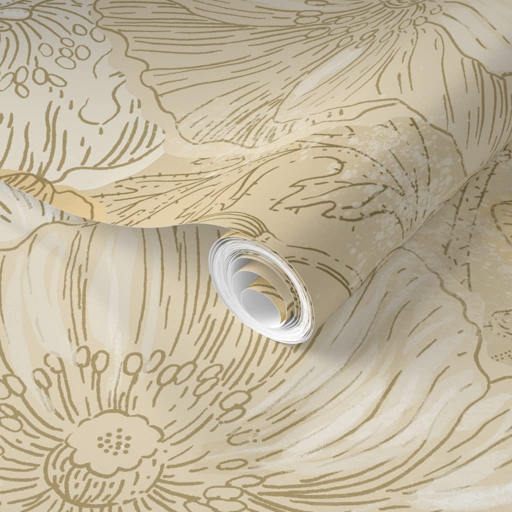Removable Wallpaper Swatch - Poppies Flowers Floral Romantic Neutral Garden Custom Pre-Pasted Wallpaper by Spoonflower | Perfect for Nursery, Bedroom, Living Room & Office Decor