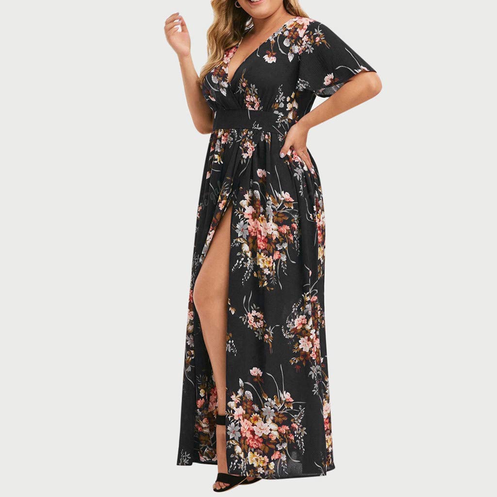 Plus Size Boho Maxi Dress for Women - Elegant Oversized Floral Print Dress with Side Slit | Perfect for Beach Vacations, Summer Parties & Casual Outings